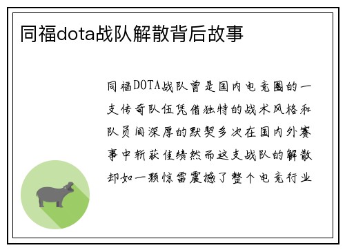 同福dota战队解散背后故事