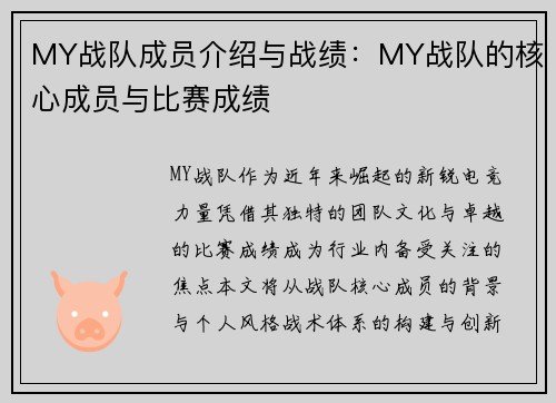 MY战队成员介绍与战绩：MY战队的核心成员与比赛成绩